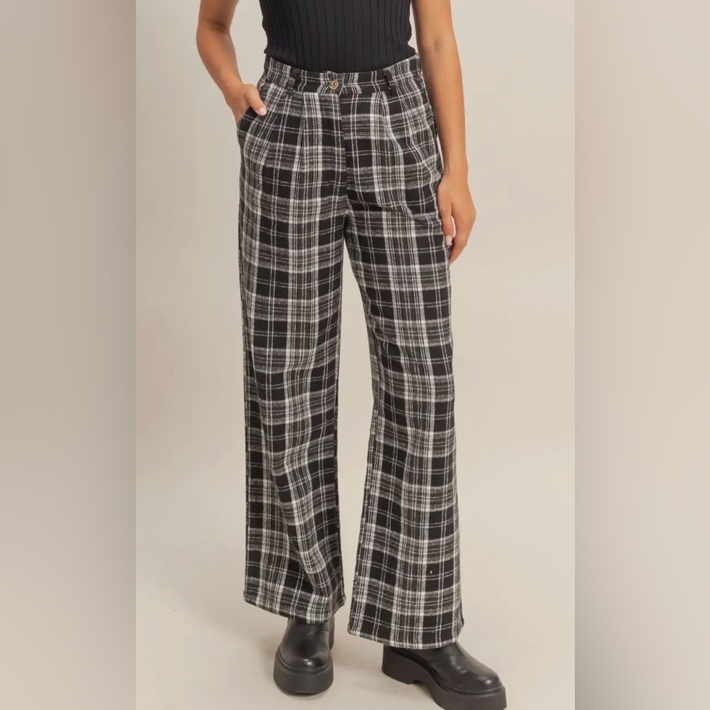 New Hyfve black plaid wide leg pants sz S M L